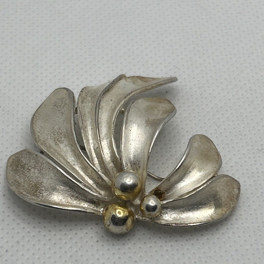 vintage sterling silver flower brooch pin 925 gold toned ball